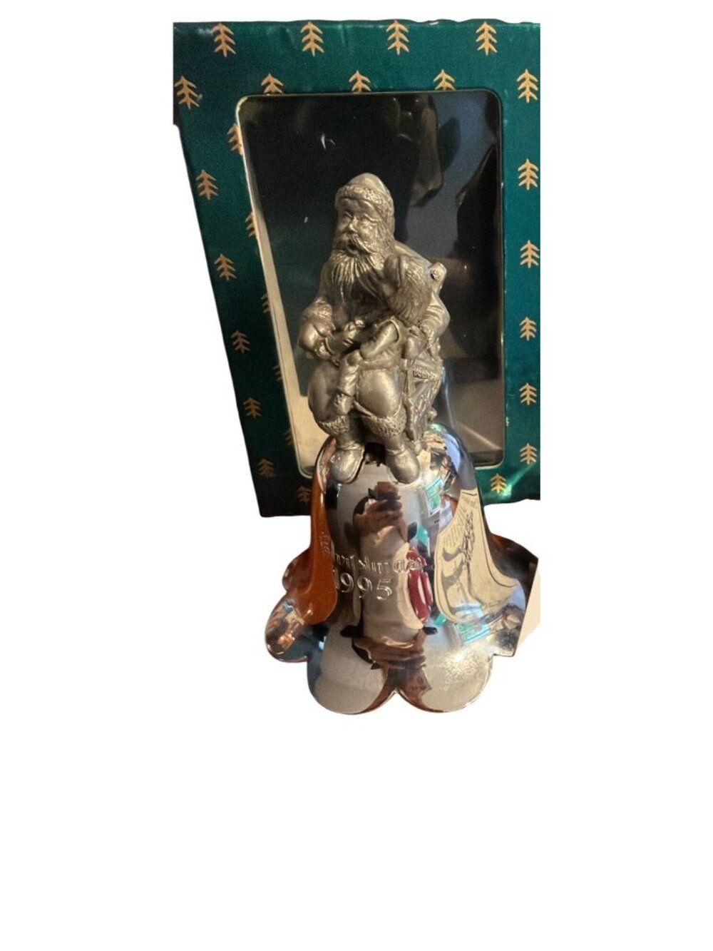 Vintage Wallace Silversmiths Pewter Santa Bell Original Box Sculpted Box 4.5"